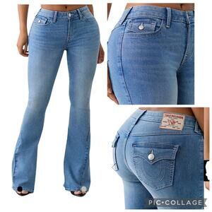 True Religion Joey Mid Rise Flap Pockets Flare Jeans Light Idyllic Wash Size 28